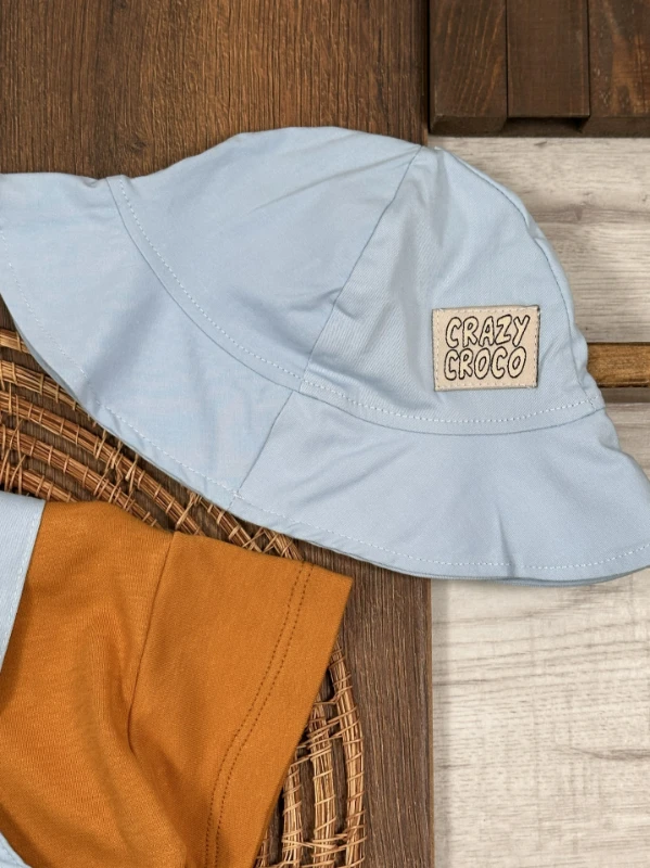 Crocodil Nakışlı ŞapkalıKeten Yazlık Salopet Erkek Bebek Takım - KAHVE