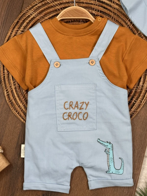 Crocodil Nakışlı ŞapkalıKeten Yazlık Salopet Erkek Bebek Takım - KAHVE