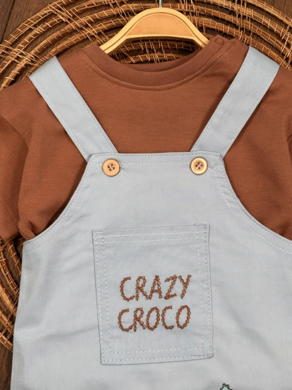 Crocodil Nakışlı ŞapkalıKeten Yazlık Salopet Erkek Bebek Takım - KAHVE