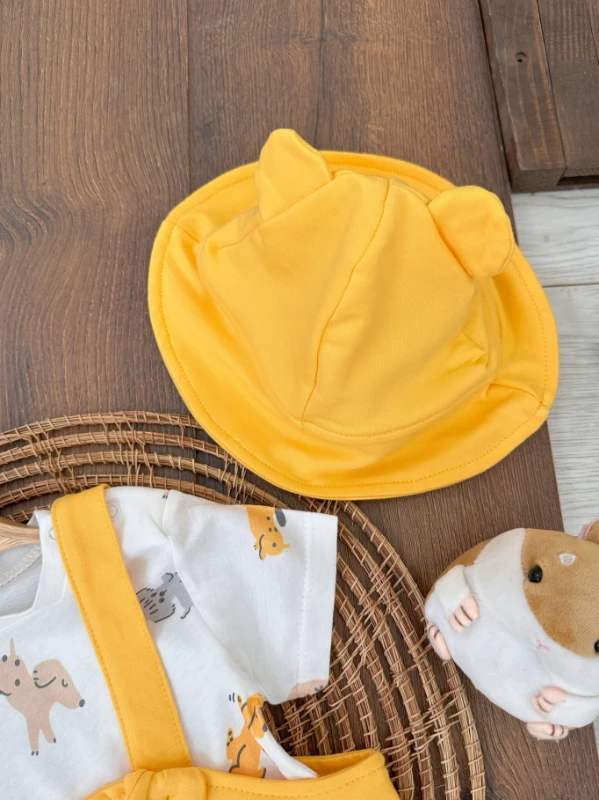 Sevimli Köpek Baskılı Safari Şapkalı Alttan Çıtçıtlı Badili Salopet Yazlık Erkek Bebek Takım - YEŞİL