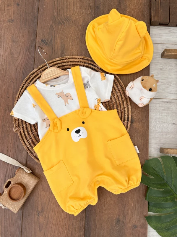 Sevimli Köpek Baskılı Safari Şapkalı Alttan Çıtçıtlı Badili Salopet Yazlık Erkek Bebek Takım - YEŞİL