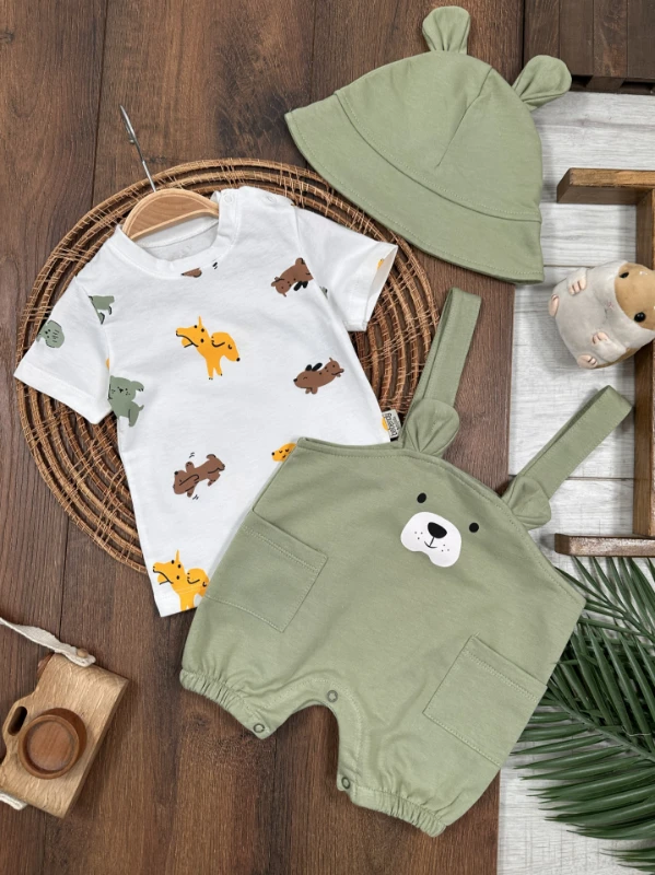 Sevimli Köpek Baskılı Safari Şapkalı Alttan Çıtçıtlı Badili Salopet Yazlık Erkek Bebek Takım - YEŞİL