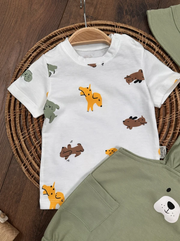 Sevimli Köpek Baskılı Safari Şapkalı Alttan Çıtçıtlı Badili Salopet Yazlık Erkek Bebek Takım - YEŞİL