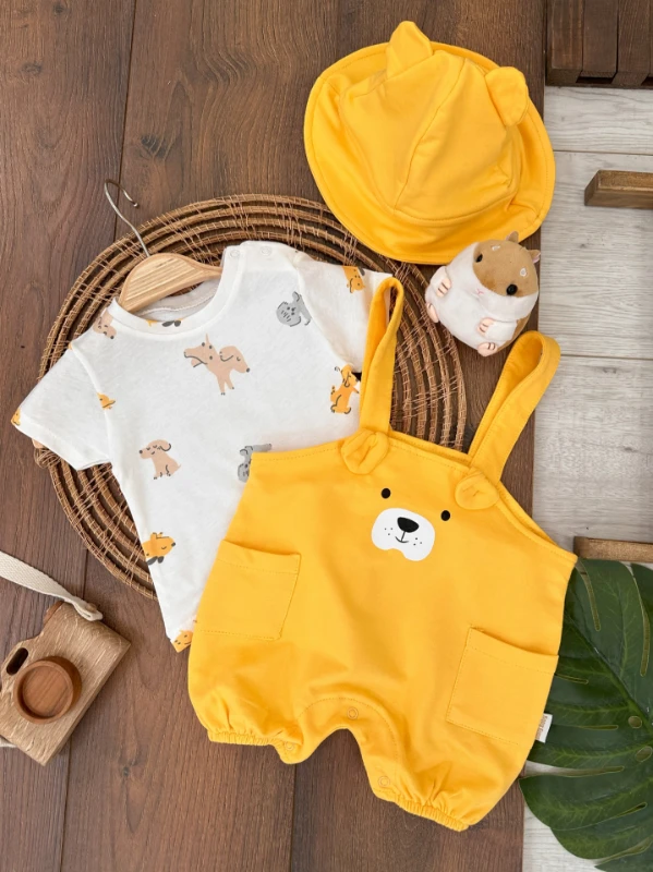 Sevimli Köpek Baskılı Safari Şapkalı Alttan Çıtçıtlı Badili Salopet Yazlık Erkek Bebek Takım - YEŞİL