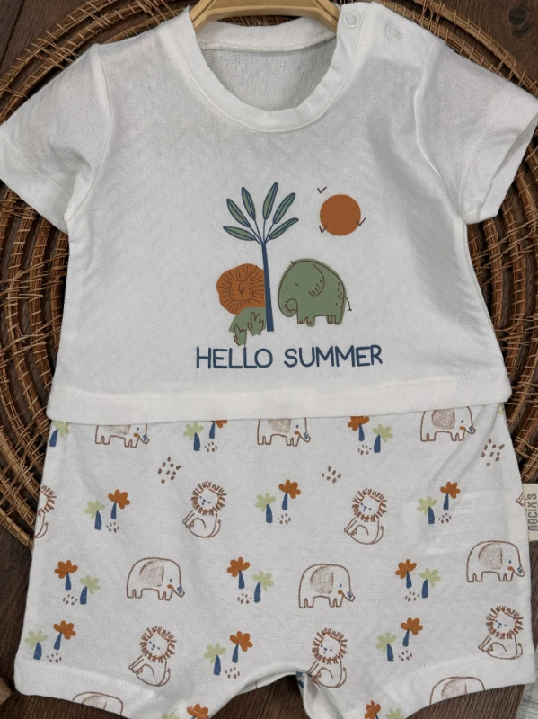 Safari Baskılı Alttan Çıtçıtlı Yazlık Erkek Bebek Tulum - MAVİ