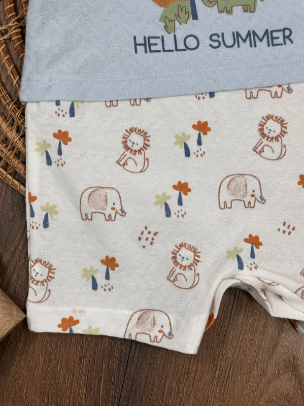 Safari Baskılı Alttan Çıtçıtlı Yazlık Erkek Bebek Tulum - MAVİ