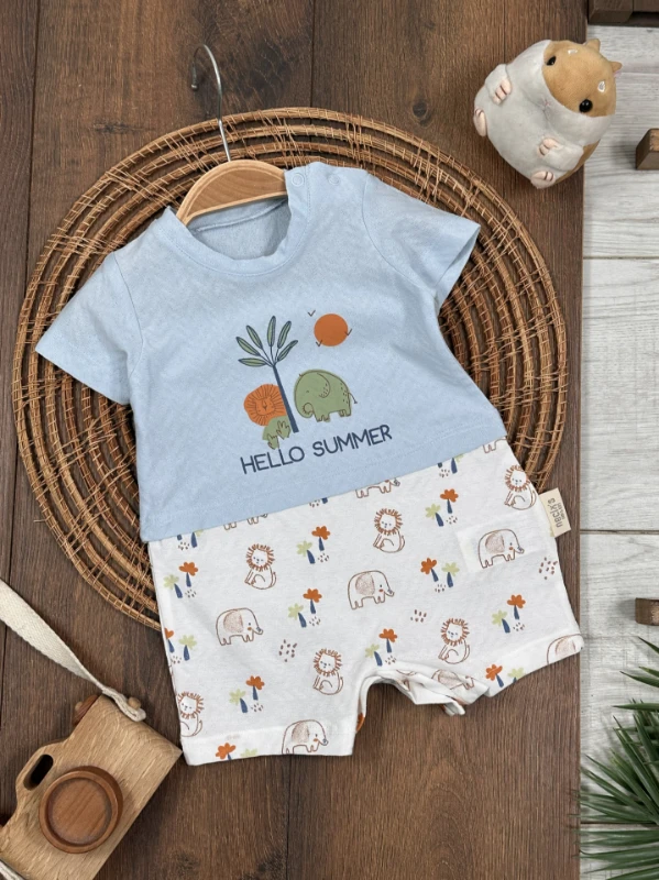 Safari Baskılı Alttan Çıtçıtlı Yazlık Erkek Bebek Tulum - MAVİ