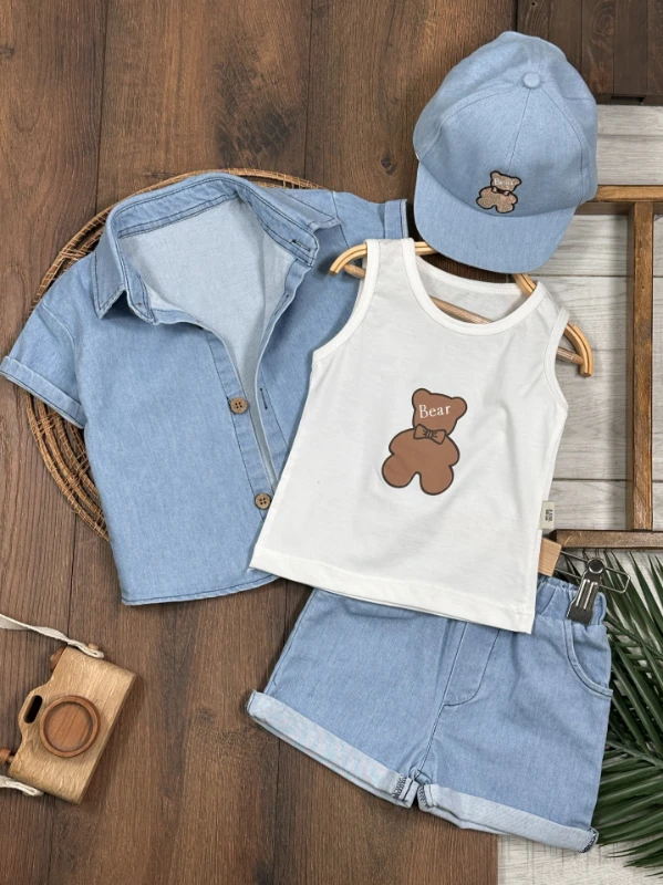 Şapkalı Ayıcık Desenli Atlet Badili Likralı Kot 4lü Yazlık Erkek Bebek Takım - İNDİGO