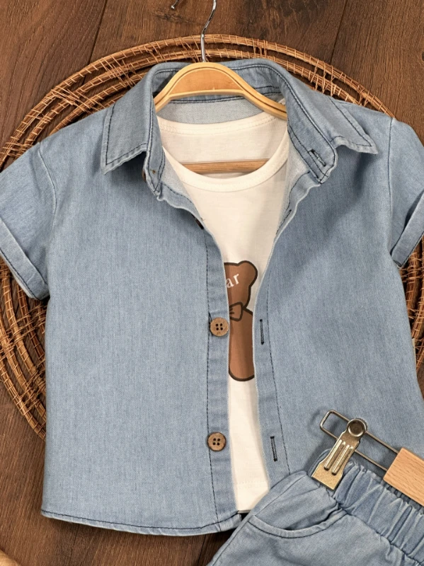 Şapkalı Ayıcık Desenli Atlet Badili Likralı Kot 4lü Yazlık Erkek Bebek Takım - İNDİGO