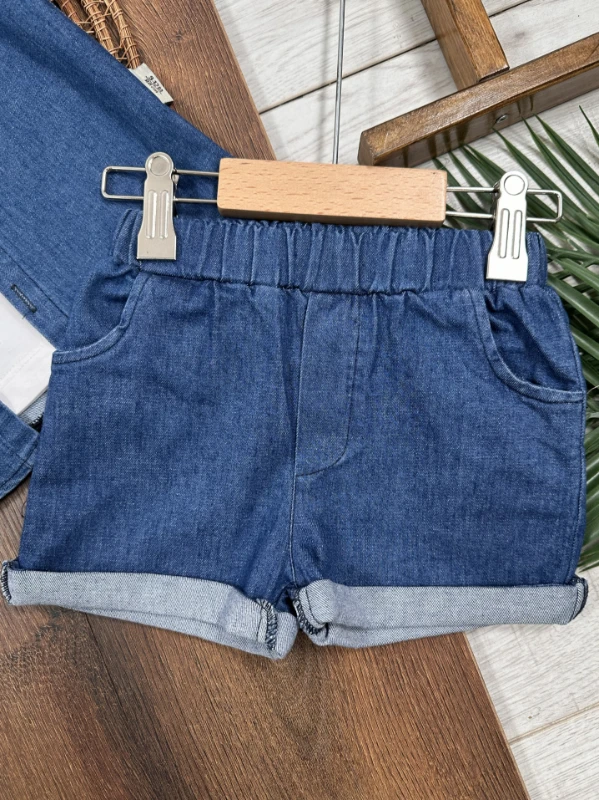 Şapkalı Ayıcık Desenli Atlet Badili Likralı Kot 4lü Yazlık Erkek Bebek Takım - İNDİGO