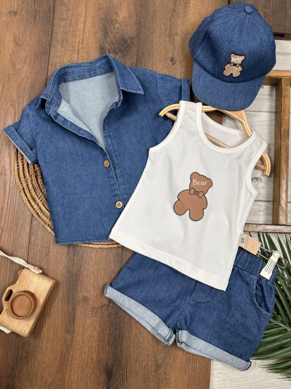 Şapkalı Ayıcık Desenli Atlet Badili Likralı Kot 4lü Yazlık Erkek Bebek Takım - İNDİGO