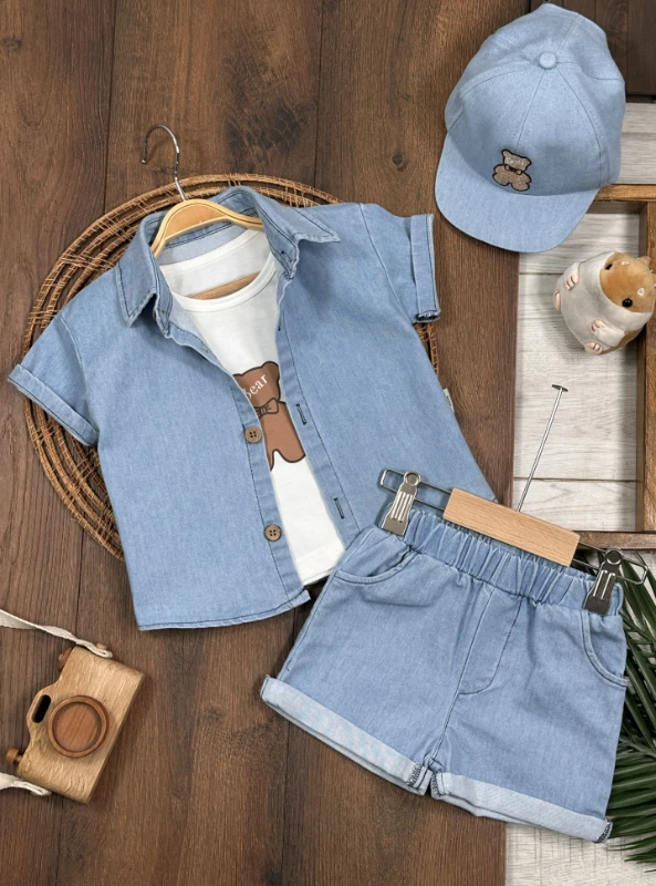 Şapkalı Ayıcık Desenli Atlet Badili Likralı Kot 4lü Yazlık Erkek Bebek Takım - MAVİ