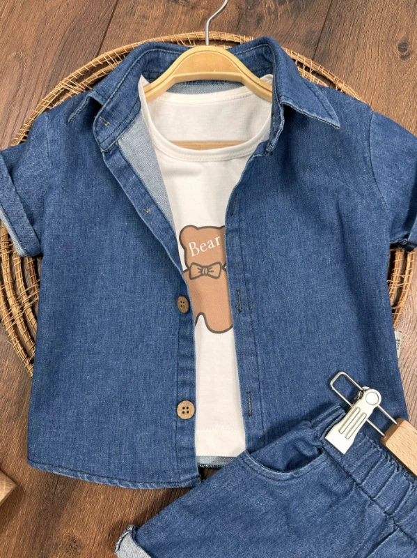 Şapkalı Ayıcık Desenli Atlet Badili Likralı Kot 4lü Yazlık Erkek Bebek Takım - İNDİGO