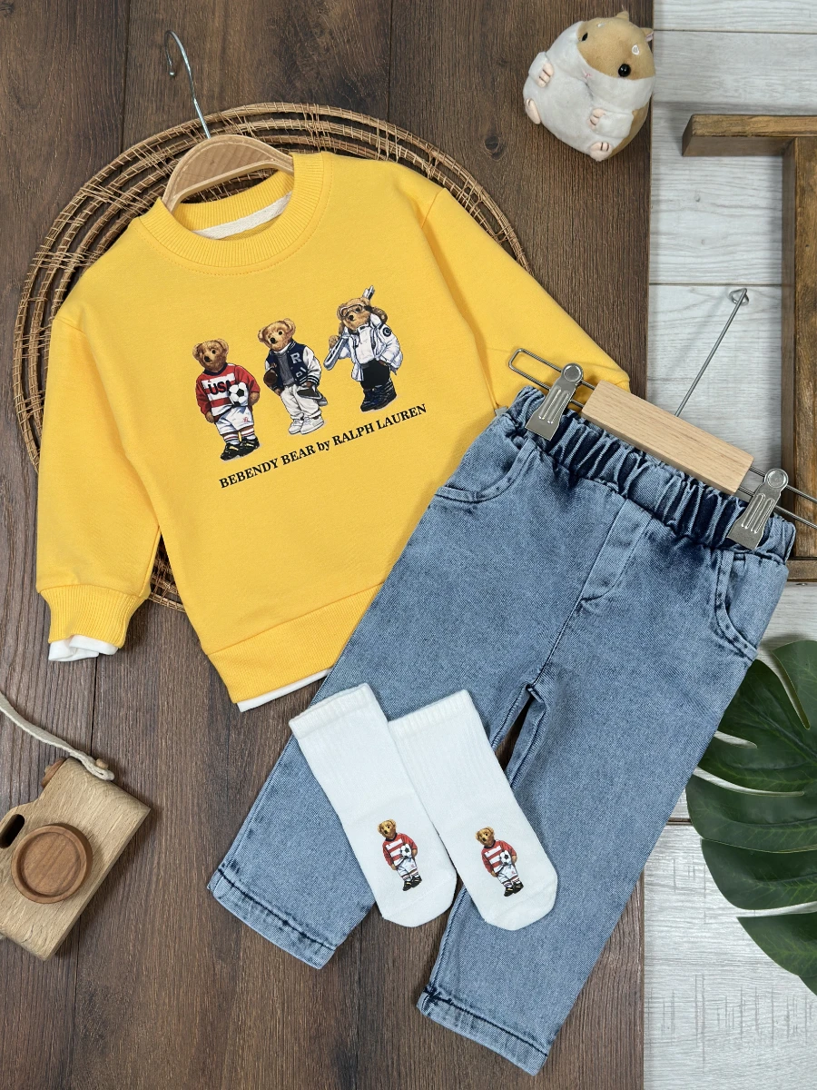 Ayıcık Baskılı Sweatshirt ÇORAPLI Likralı Kot Pantolon 3lü Erkek Bebek/Çocuk Takım - SARI
