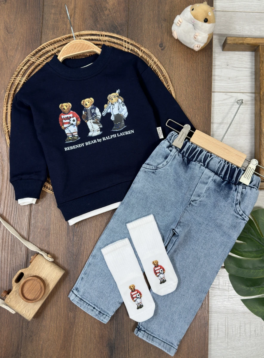 Ayıcık Baskılı Sweatshirt ÇORAPLI Likralı Kot Pantolon 3lü Erkek Bebek/Çocuk Takım - LACİVERT