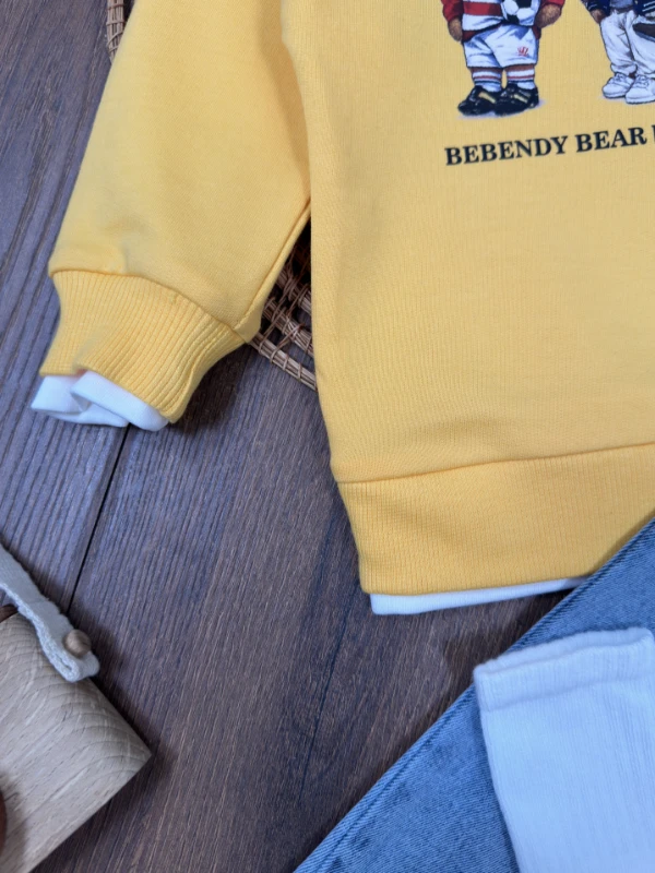 Ayıcık Baskılı Sweatshirt ÇORAPLI Likralı Kot Pantolon 3lü Erkek Bebek/Çocuk Takım - BEYAZ