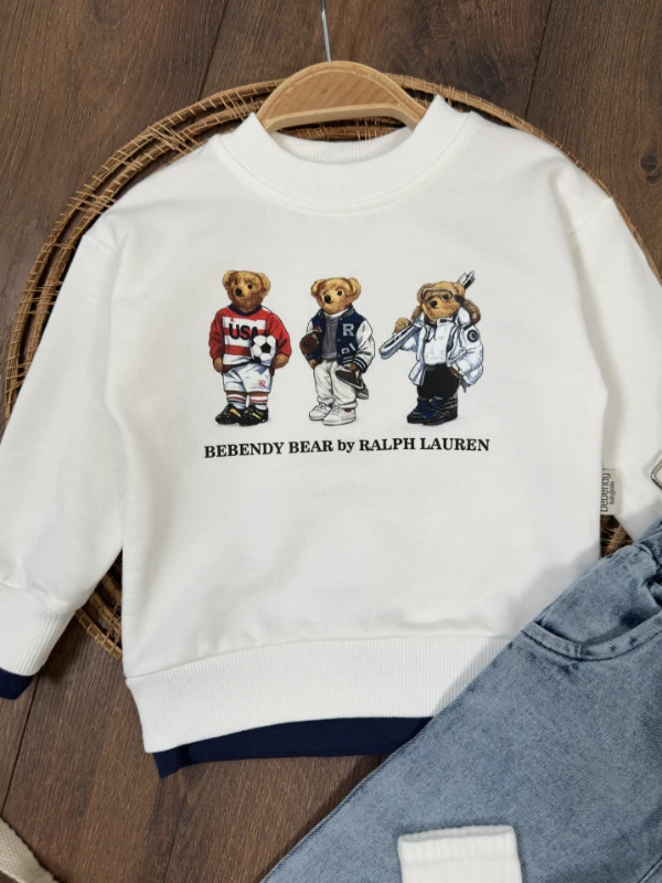 Ayıcık Baskılı Sweatshirt ÇORAPLI Likralı Kot Pantolon 3lü Erkek Bebek/Çocuk Takım - BEYAZ