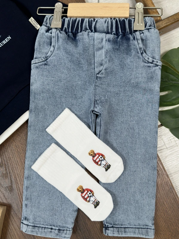 Ayıcık Baskılı Sweatshirt ÇORAPLI Likralı Kot Pantolon 3lü Erkek Bebek/Çocuk Takım - BEYAZ