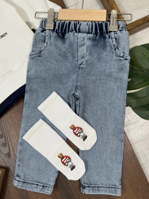 Ayıcık Baskılı Sweatshirt ÇORAPLI Likralı Kot Pantolon 3lü Erkek Bebek/Çocuk Takım - BEYAZ