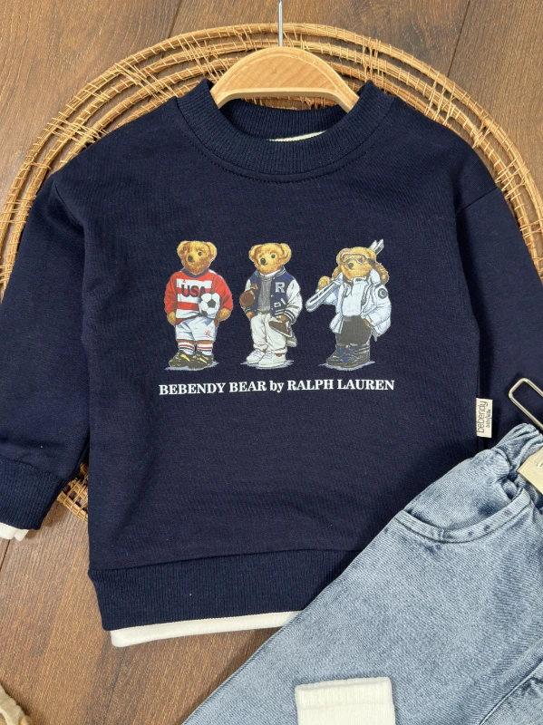 Ayıcık Baskılı Sweatshirt ÇORAPLI Likralı Kot Pantolon 3lü Erkek Bebek/Çocuk Takım - BEYAZ