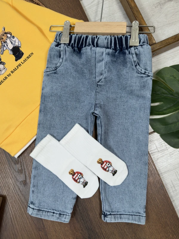 Ayıcık Baskılı Sweatshirt ÇORAPLI Likralı Kot Pantolon 3lü Erkek Bebek/Çocuk Takım - BEYAZ
