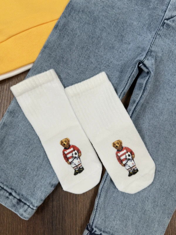 Ayıcık Baskılı Sweatshirt ÇORAPLI Likralı Kot Pantolon 3lü Erkek Bebek/Çocuk Takım - BEYAZ