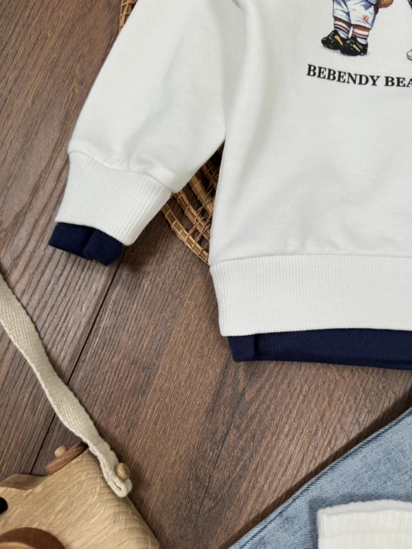 Ayıcık Baskılı Sweatshirt ÇORAPLI Likralı Kot Pantolon 3lü Erkek Bebek/Çocuk Takım - BEYAZ
