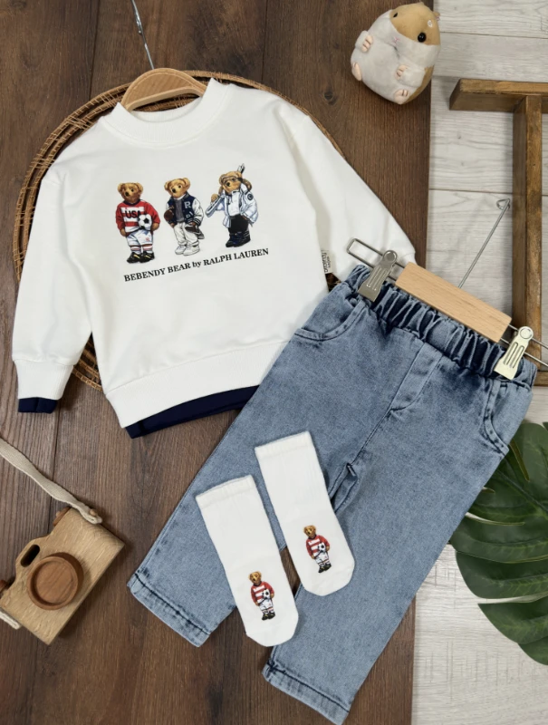 Ayıcık Baskılı Sweatshirt ÇORAPLI Likralı Kot Pantolon 3lü Erkek Bebek/Çocuk Takım - BEYAZ