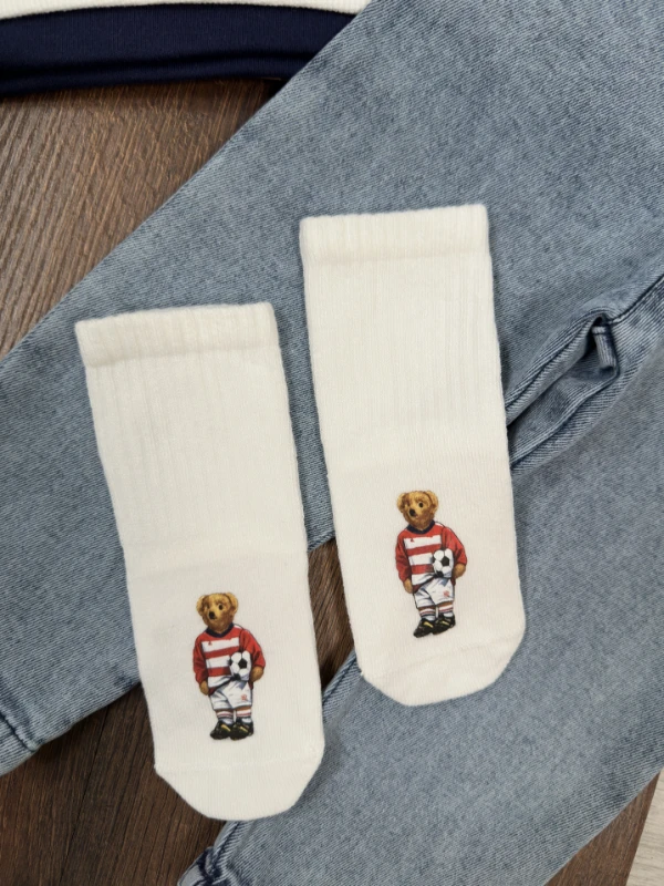 Ayıcık Baskılı Sweatshirt ÇORAPLI Likralı Kot Pantolon 3lü Erkek Bebek/Çocuk Takım - BEYAZ