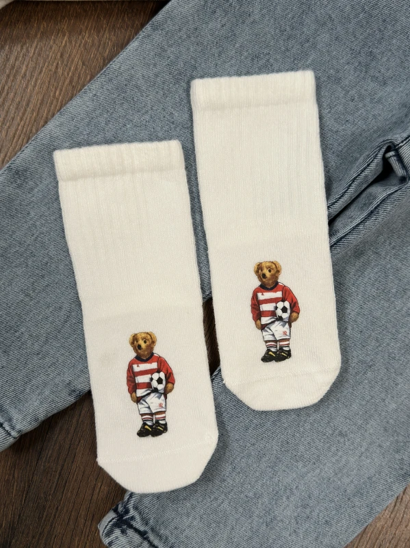Ayıcık Baskılı Sweatshirt ÇORAPLI Likralı Kot Pantolon 3lü Erkek Bebek/Çocuk Takım - BEYAZ