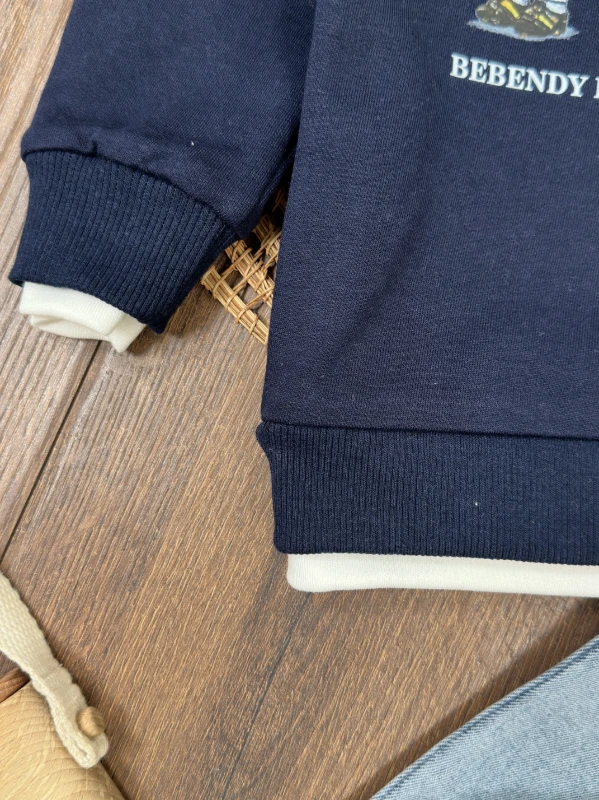 Ayıcık Baskılı Sweatshirt ÇORAPLI Likralı Kot Pantolon 3lü Erkek Bebek/Çocuk Takım - BEYAZ