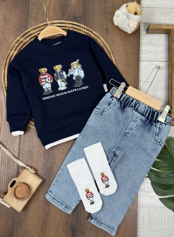 Ayıcık Baskılı Sweatshirt ÇORAPLI Likralı Kot Pantolon 3lü Erkek Bebek/Çocuk Takım - LACİVERT
