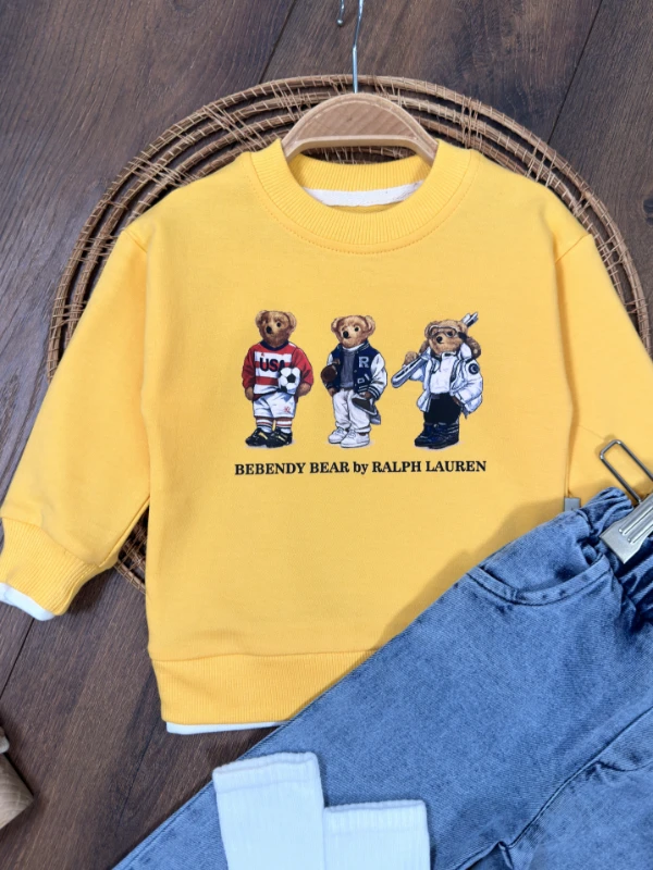Ayıcık Baskılı Sweatshirt ÇORAPLI Likralı Kot Pantolon 3lü Erkek Bebek/Çocuk Takım - BEYAZ