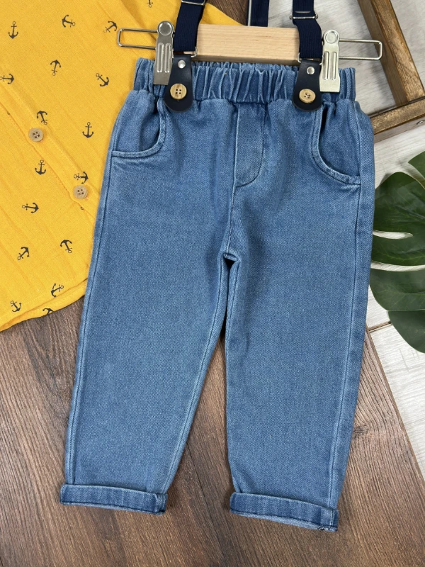 Müslin Askı Kemerli Çapa Baskılı Likralı Kot Pantolon 3lü Erkek Bebek/Çocuk Takım - BEJ