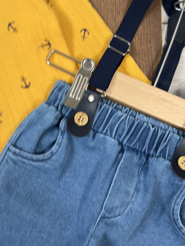 Müslin Askı Kemerli Çapa Baskılı Likralı Kot Pantolon 3lü Erkek Bebek/Çocuk Takım - BEJ