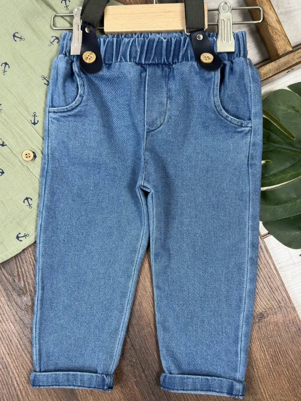Müslin Askı Kemerli Çapa Baskılı Likralı Kot Pantolon 3lü Erkek Bebek/Çocuk Takım - BEJ