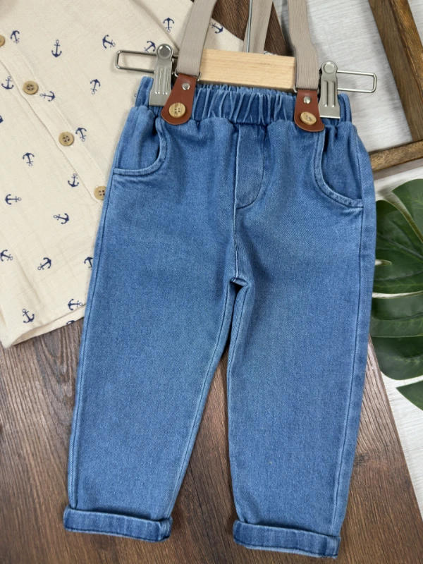 Müslin Askı Kemerli Çapa Baskılı Likralı Kot Pantolon 3lü Erkek Bebek/Çocuk Takım - BEJ