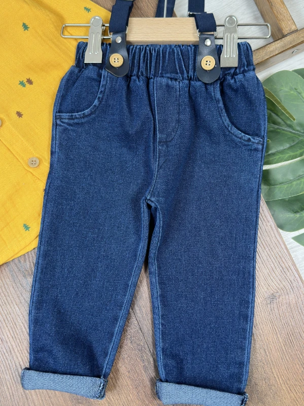 Müslin Şapkalı Askı Kemerli Çam Baskılı Likralı Kot Pantolon 4lü Erkek Bebek/Çocuk Takım - BEJ