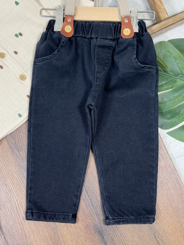Müslin Şapkalı Askı Kemerli Çam Baskılı Likralı Kot Pantolon 4lü Erkek Bebek/Çocuk Takım - BEJ