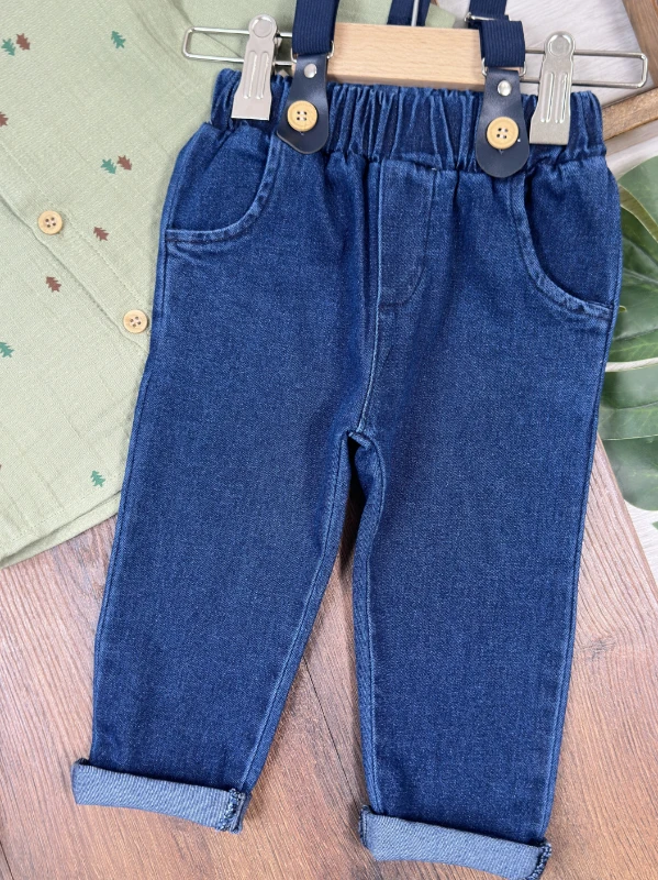 Müslin Şapkalı Askı Kemerli Çam Baskılı Likralı Kot Pantolon 4lü Erkek Bebek/Çocuk Takım - BEJ