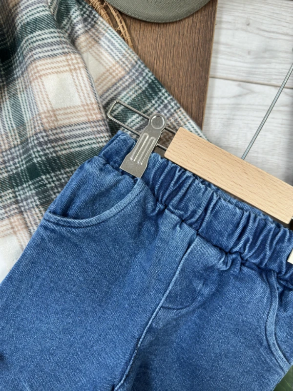 Oduncu Gömlek Nakışlı Şapka Baskılı Badi Likralı Kot Pantolon 4lü Erkek Bebek/Çocuk Takım - SÜTLÜ KAHVE