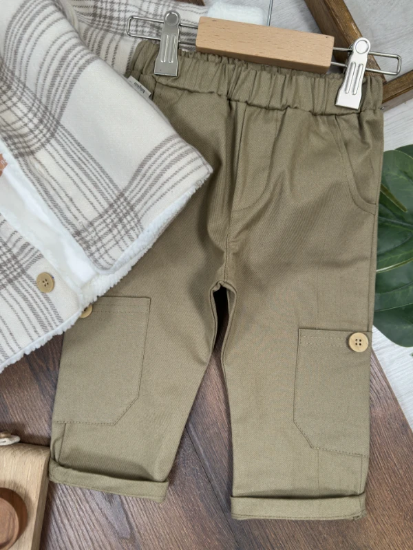Montlu Takım Oduncu İçi Kürklü Ayıcık Baskılı Badi Likralı Gabardin Pantolon 3lü Kışlık Erkek Bebek/Çocuk Takım - SÜTLÜ KAHVE