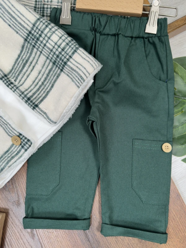 Montlu Takım Oduncu İçi Kürklü Ayıcık Baskılı Badi Likralı Gabardin Pantolon 3lü Kışlık Erkek Bebek/Çocuk Takım - SÜTLÜ KAHVE