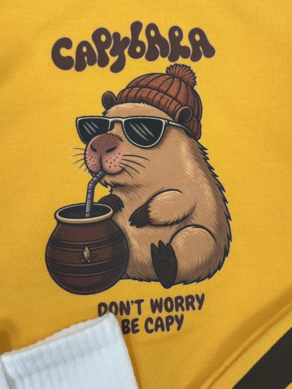 Çizgili Pantolon Capibara Baskılı Sweatshirt Çoraplı Mevsimlik 3lü Erkek Bebek/Çocuk Takım - HARDAL