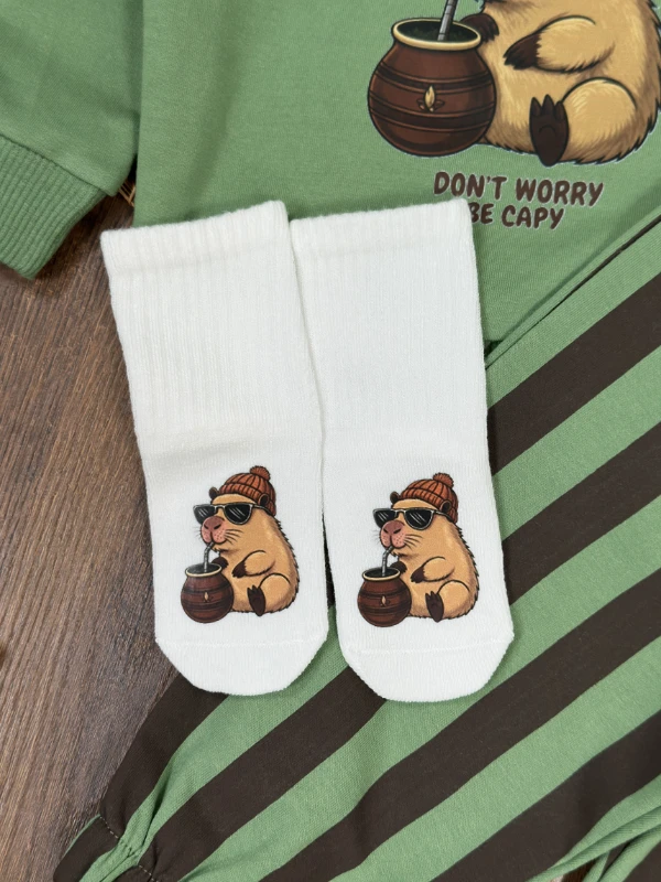 Çizgili Pantolon Capibara Baskılı Sweatshirt Çoraplı Mevsimlik 3lü Erkek Bebek/Çocuk Takım - HARDAL