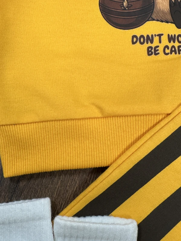 Çizgili Pantolon Capibara Baskılı Sweatshirt Çoraplı Mevsimlik 3lü Erkek Bebek/Çocuk Takım - HARDAL