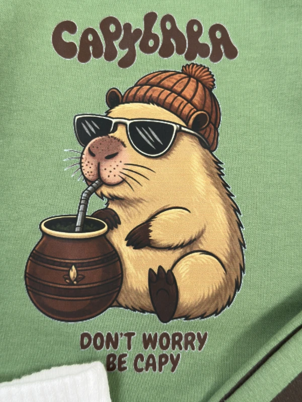 Çizgili Pantolon Capibara Baskılı Sweatshirt Çoraplı Mevsimlik 3lü Erkek Bebek/Çocuk Takım - HARDAL