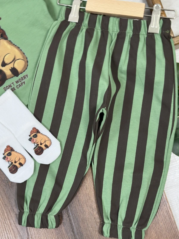 Çizgili Pantolon Capibara Baskılı Sweatshirt Çoraplı Mevsimlik 3lü Erkek Bebek/Çocuk Takım - HARDAL