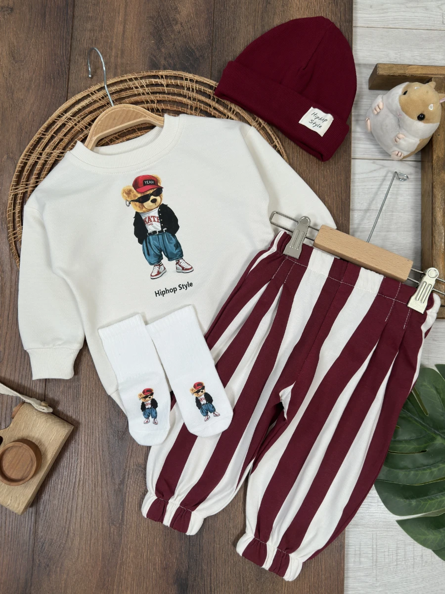 Çizgili Pantolon Tedy Ayıcık Baskılı Sweatshirt Çoraplı Bereli Mevsimlik 3lü Erkek Bebek/Çocuk Takım - BORDO