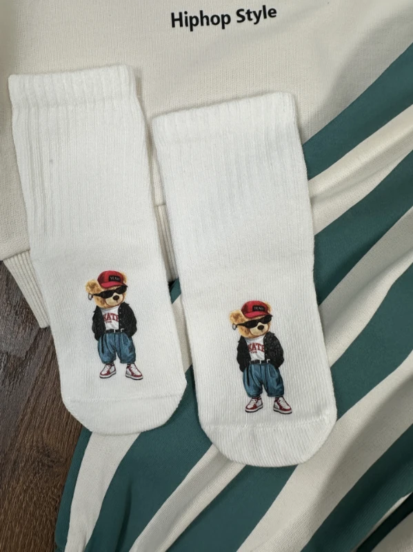 Çizgili Pantolon Tedy Ayıcık Baskılı Sweatshirt Çoraplı Bereli Mevsimlik 3lü Erkek Bebek/Çocuk Takım - BORDO